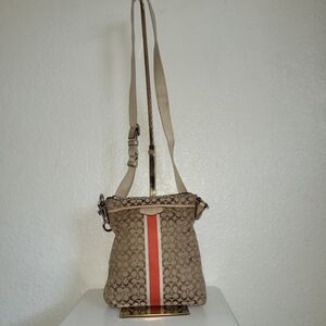 Coach Signature Strip Swingpack/ Crossbody Canvas Brown  Orange Adjustable Strap